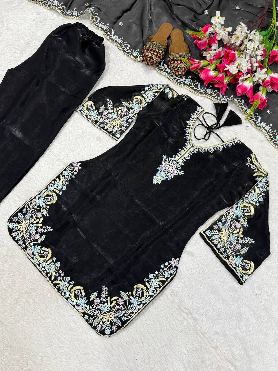 Deep Obsidian Floral-Embroidered Couture